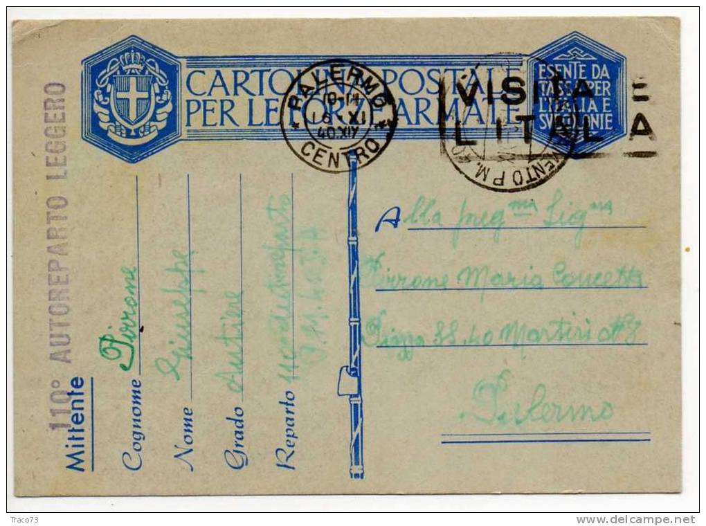 16.11.1940 - Card / Cartolina Postale Per  Le Forze Armate - 110° Autoreparto Leggero - Franchise