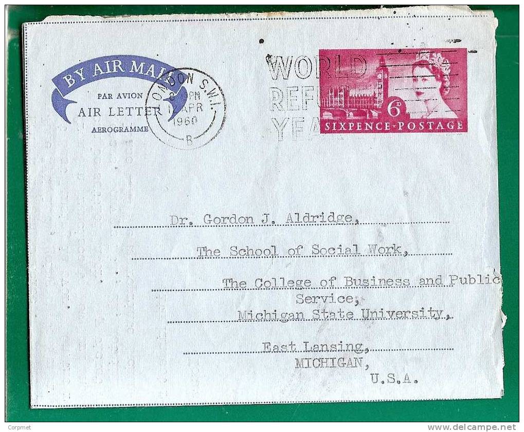 WORLD REFUGEE YEAR - VF Rare MECHANICAL CANCELLATION On UK 1960 Complete  AEROGRAMME To MICHIGAN - Vluchtelingen