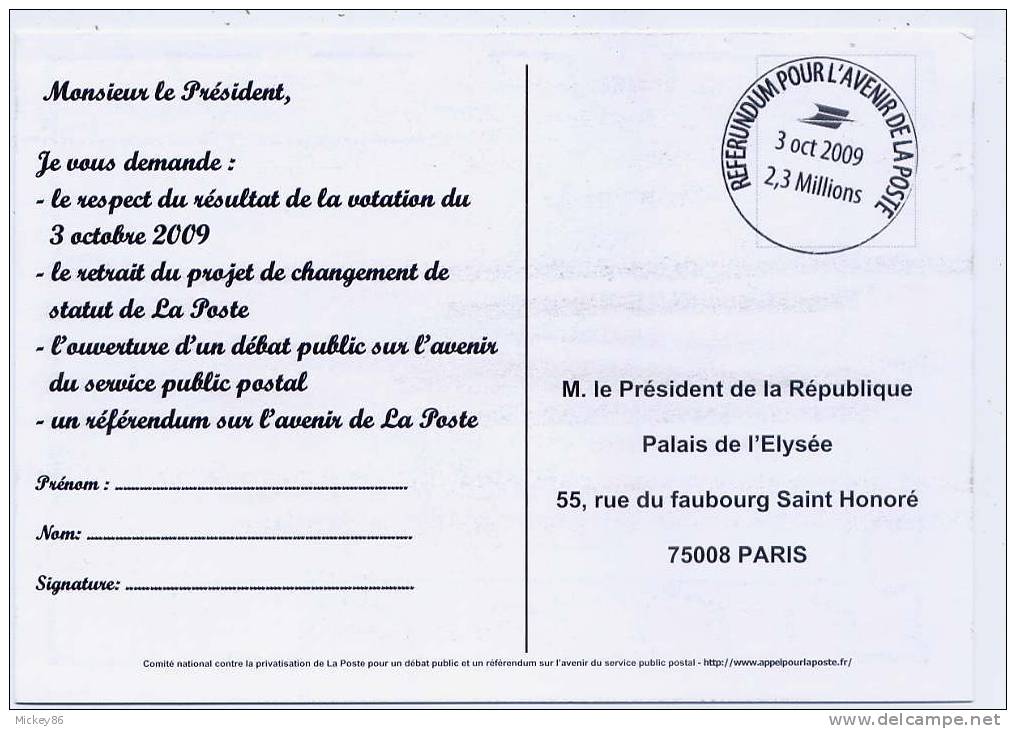 Suite Résultat Votation Du 3 Octobre 2009-"Appel à Un  Référendum Pour L'avenir De LA POSTE"--Président De La République - Poste & Facteurs