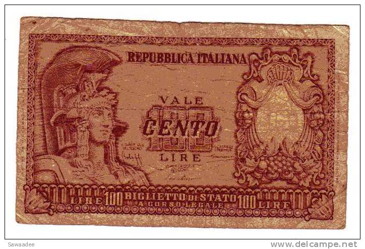 BILLET ITALIE - P.92a - 1951 - 100 LIRES - REPUBBLICA ITALIANA - BIGLIETTO DI STATO - 100 Lire