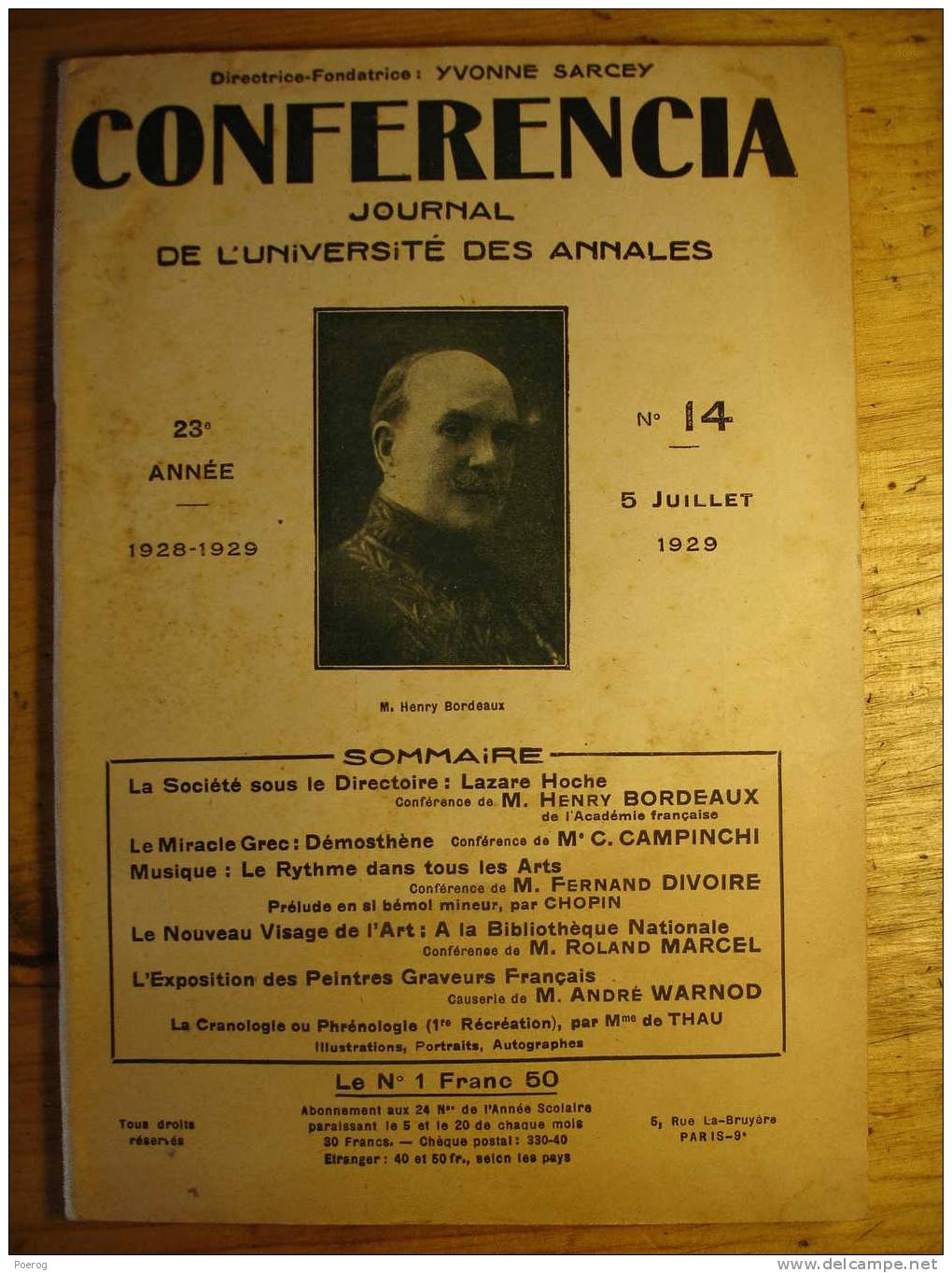 CONFERENCIA N°14 Du 5 JUILLET 1929 - DEMOSTHENE - LAZARE HOCHE - RYTHME ART - PHRENOLOGIE CRANOLOGIE MME DE THAU - Autres & Non Classés