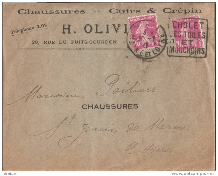 Maine Et Loire Daguin De Cholet Sur Semeuse 1927 Ses Toiles Et Mouchoirs Entête Olivier Chaussures Cuir Crepin - Mechanical Postmarks (Advertisement)