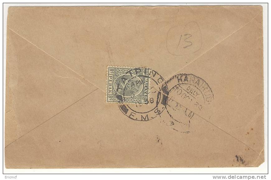 Malaya Perak 1938 Cover Taiping To India - Perak