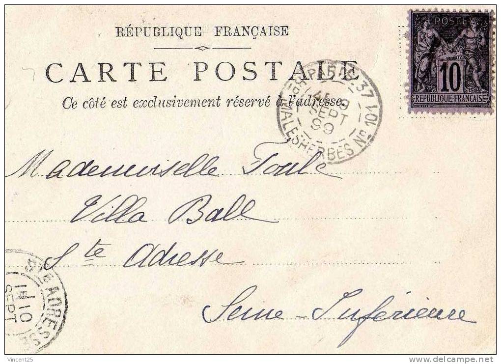 CARTE PRECURSSEUR DEPART PARIS 17 MALESHERBES ARRIVVEE SAINTE ADRESSE SEINE MARITIME TIMBRE VIOLET 10 CENTIMES FEMME - Arrondissement: 17