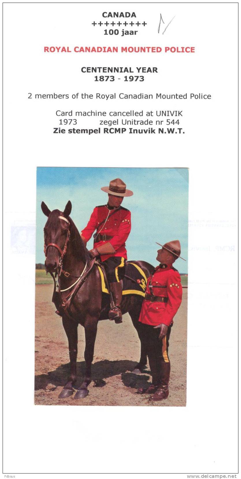 1973 - 100 YEAR ROYAL CANADIAN MOUNTED POLICE   See Scan - Police - Gendarmerie