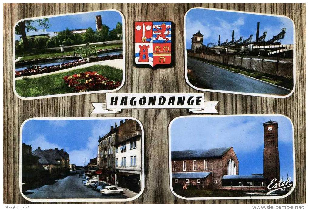 57-HAGONDANGE-LE PARC MUNICIPAL,LES HAUTS FOURNEAUX,LA PLACE DE LA GARE ET L´EGLISE...CPSM GRAND FORMAT 4 VUES - Hagondange