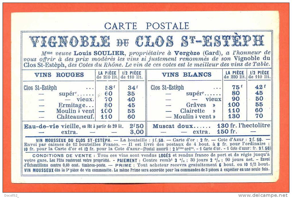 Dpt 30  Vergeze " Carte Publicitaire Tarifiere Vignoble Du Clos St Joseph " Vins - Vergèze