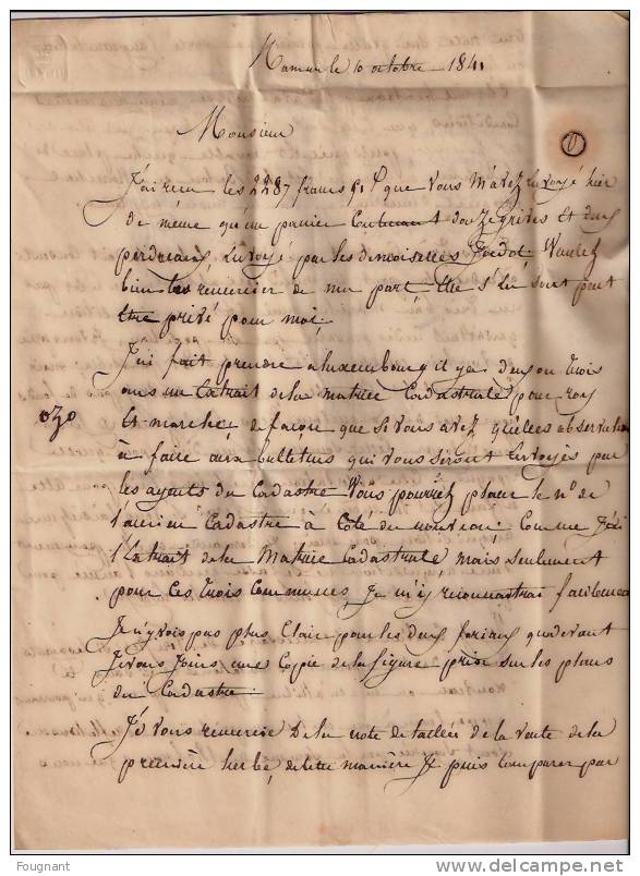 BELGIQUE, 1841:Précurseur:NAMUR Pour MARCHE.Oblit.Namur Double Cercle Rouge.Verso:idem MARCHE. - 1830-1849 (Belgica Independiente)