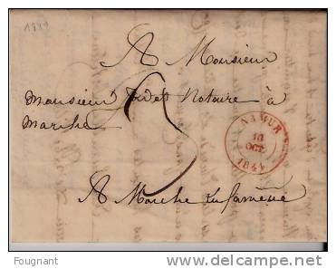 BELGIQUE, 1841:Précurseur:NAMUR Pour MARCHE.Oblit.Namur Double Cercle Rouge.Verso:idem MARCHE. - 1830-1849 (Belgica Independiente)