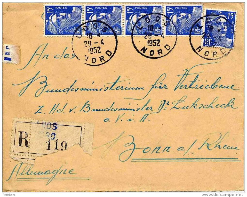 Env Affr Y&T 812 X 5 Sur LR De LOOS Du 29.4.1952 Adressée à Bonn - 1927-1959 Lettres & Documents