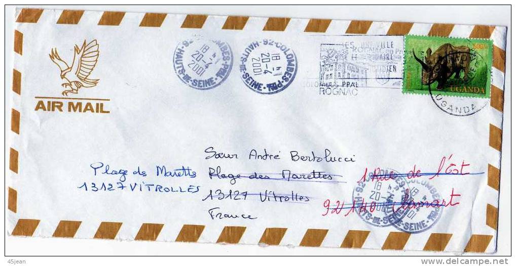 Ouganda:2001 Lettre Avion Vers La France Réexpédiée 2 Fois!! Avec Timbre Rhinocéros - Rhinocéros