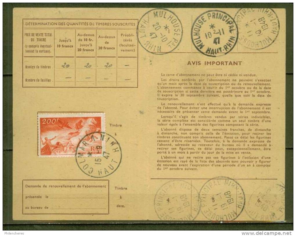 FRANCE PA  N° 19 Obl. S/carte D´abonnement  (rare) - 1927-1959 Lettres & Documents
