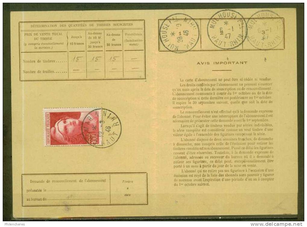 FRANCE N° 733 Obl. S/carte D´abonnement  (rare) - 1945-54 Maríanne De Gandon