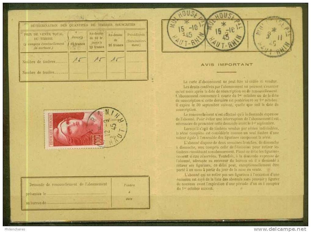 FRANCE N° 733 Obl. S/carte D´abonnement  (rare) - 1945-54 Marianna Di Gandon