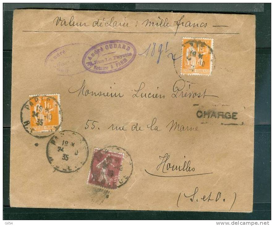 Lettre Chargée , Valeur Declaré 1000 Fr En 1935 , Yvert N°286 X 2 , + 189 , Aa6901 - Covers & Documents