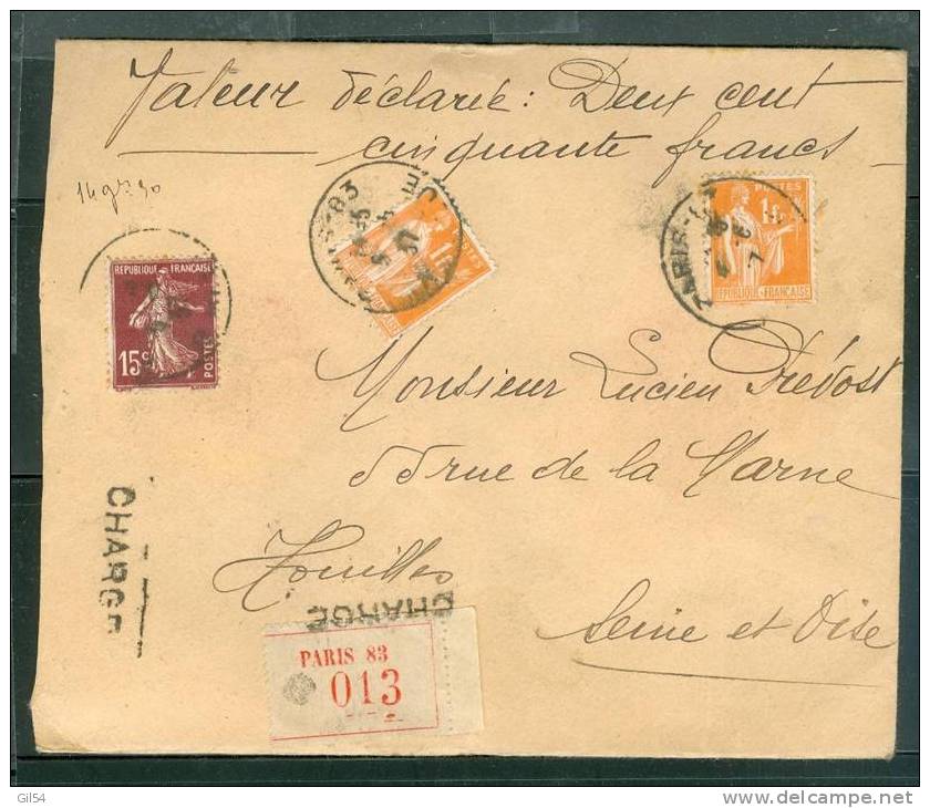 Lettre Chargée Valeur Déclarée 250 Fr En 1937 , Yvert N° 286 X 2 + 189 Aa6805 - Cartas & Documentos