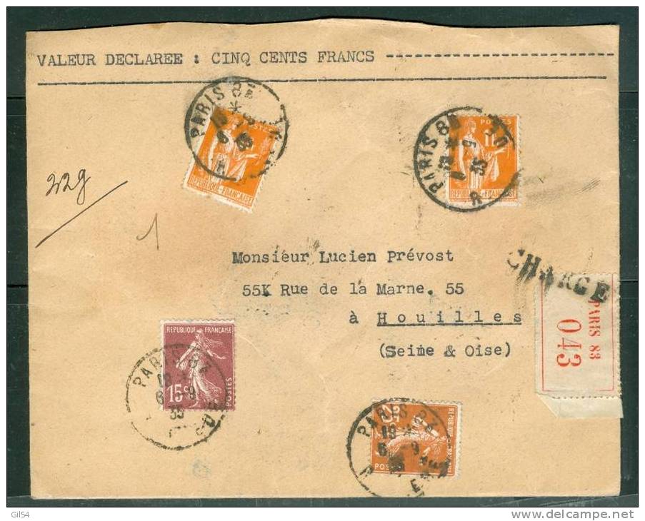 Lettre Chargée Valeur Déclarée 500 Fr En 1935 , Yvert N° 286 X 2 + 189 + 235 Aa6810 - Cartas & Documentos