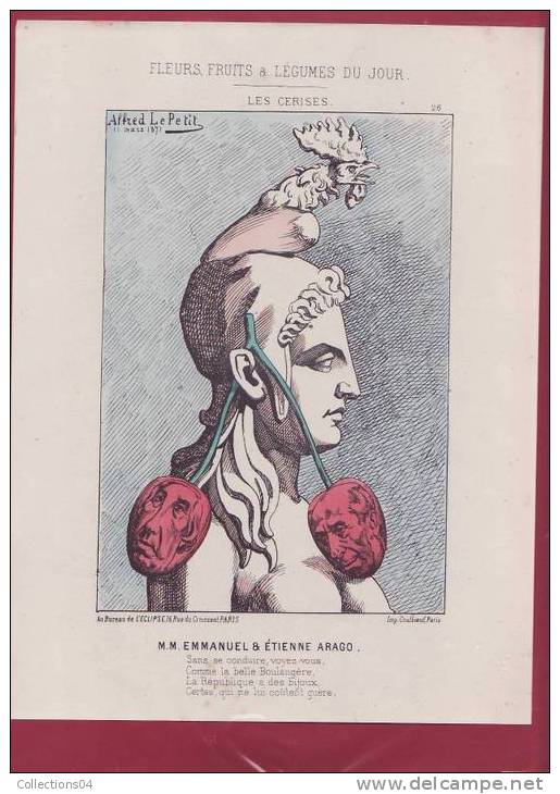 GRAVURE /CARICATURE LES CERISES / FRUITS ET LEGUMES DU JOUR ALFRED LE PETIT 1871  A ENCADRER ! / - Cooking Recipes