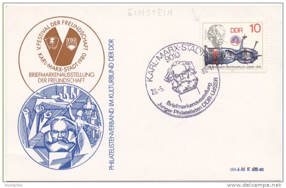 DDR Albert Einstein, Physics, Nobel Prize, Judaica,  Atom, Stamps Exhibition Cacheted Postcard 1980 - Albert Einstein