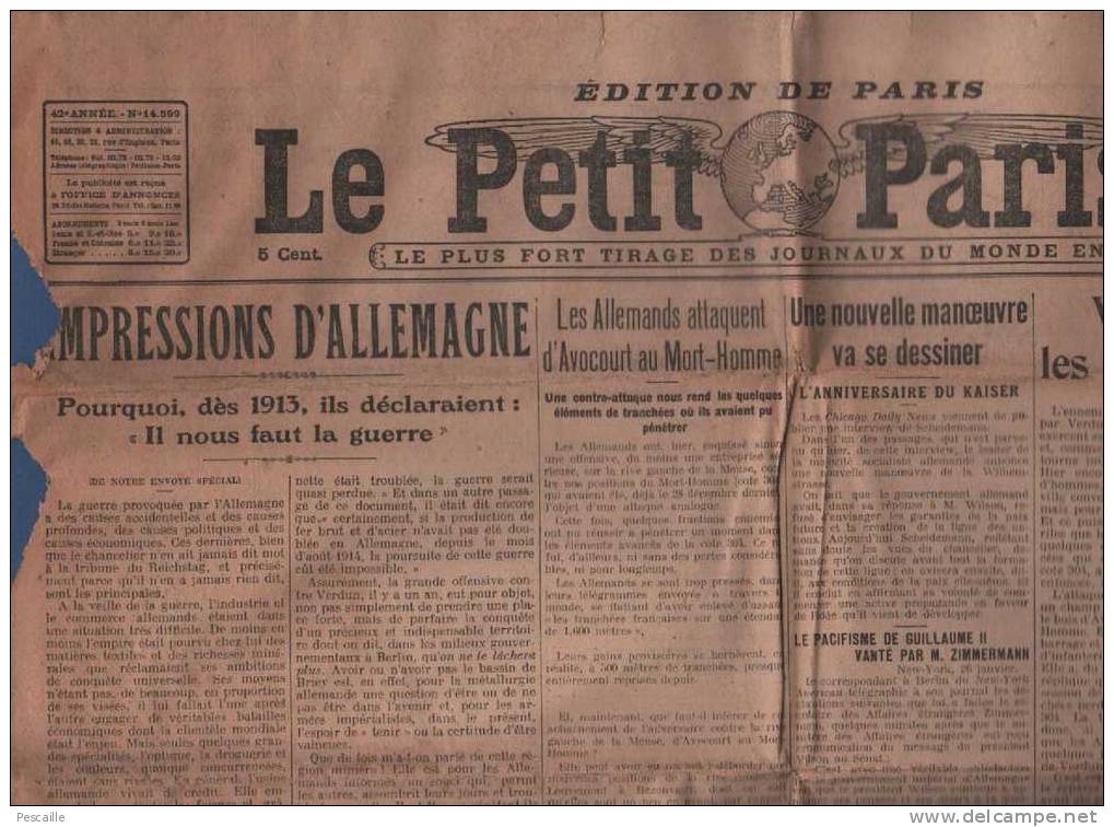 LE PETIT PARISIEN 27 01 1917 - VERDUN - CHARBON - D'AVOCOURT AU MORT HOMME - JAPON - Le Petit Parisien
