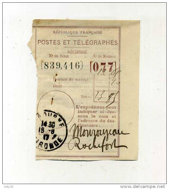 - FRANCE . POSTES ET TELEGRAPHES . RECEPISSE DE MANDAT DE 1917 - Télégraphes Et Téléphones
