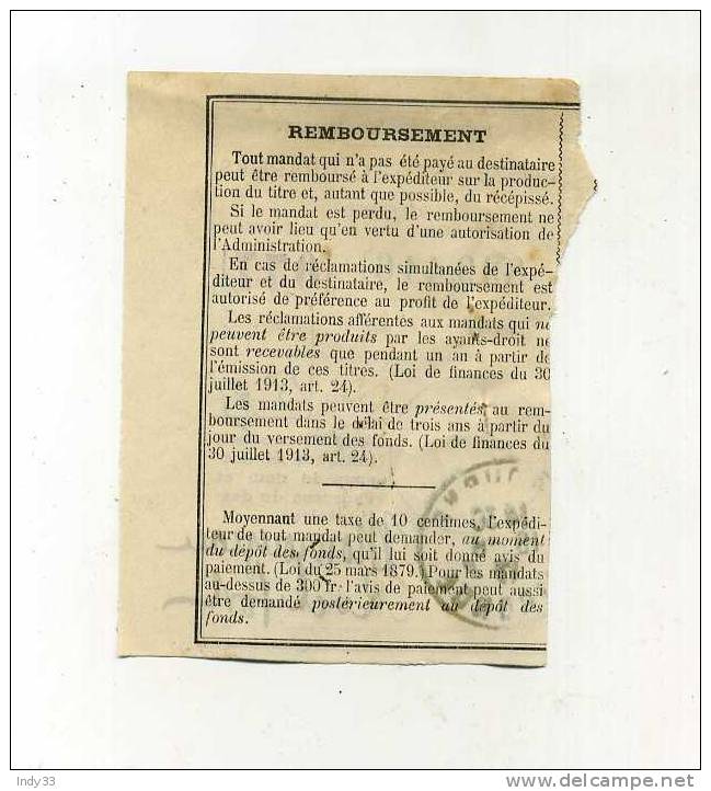 - FRANCE . POSTES ET TELEGRAPHES . RECEPISSE DE MANDAT DE 1917 - Telegraphie Und Telefon