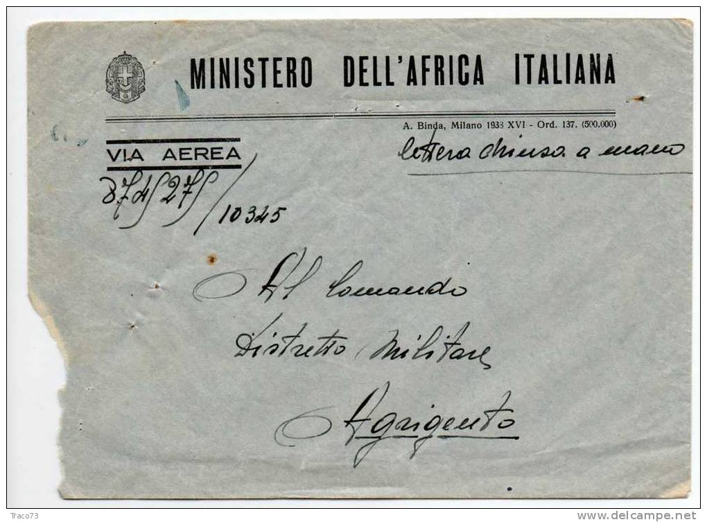 Ministero Dell'Africa Italiana /  Agrigento - Via Aerea - "Lettera Chiusa A Mano" - Marcophilie