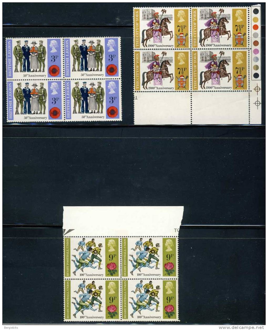 1971 Great Britain Complete Set Of 3 MNH Blocks Of 4 " 3 Different Anniversaries,Rugby,Legio N And York" - Neufs