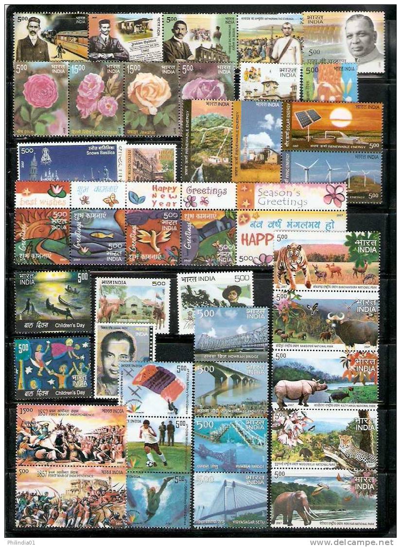 India 2007 Year Pack 72 Stamp Gandhi, Renewable Energy, Rose, Bridge, Buddha, Military, Air Butterfly Elephant Tiger MNH - Années Complètes