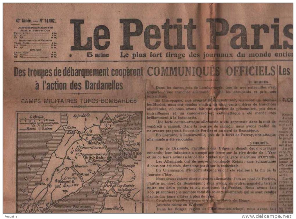 LE PETIT PARISIEN 01 03 1915 - DARDANELLES - PRASZNISCH - REIMS SOISSONS - PERONNE - PERVENCHERE SUR FAVE - GAL BRIDOUX - Le Petit Parisien