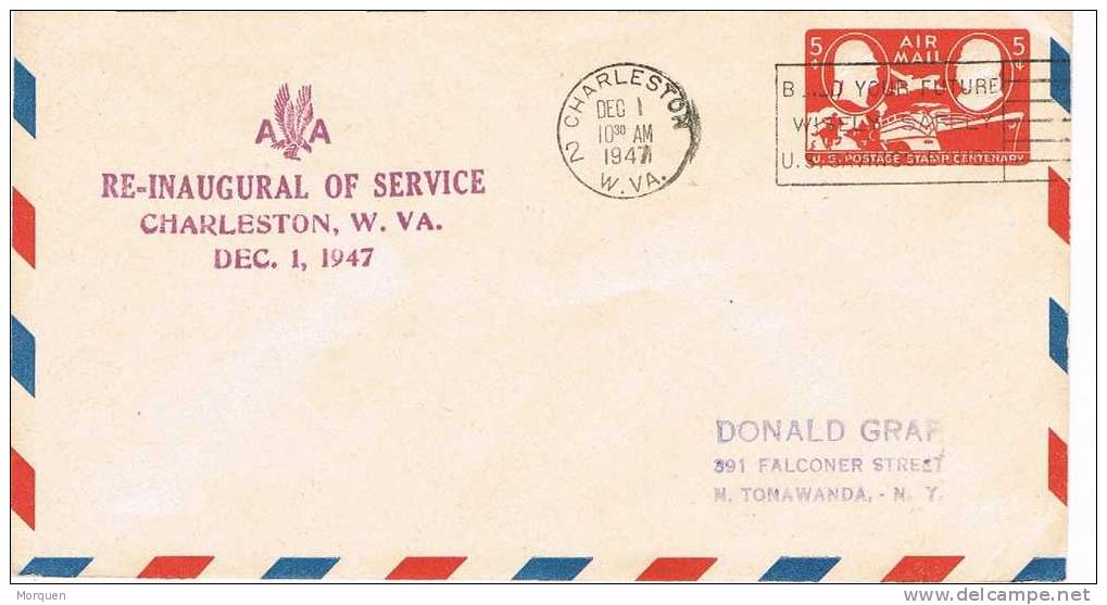 0989. Entero Postal Aereo CHARLESTON ( West Virginia) 1947. Re Inaugural Service - Storia Postale
