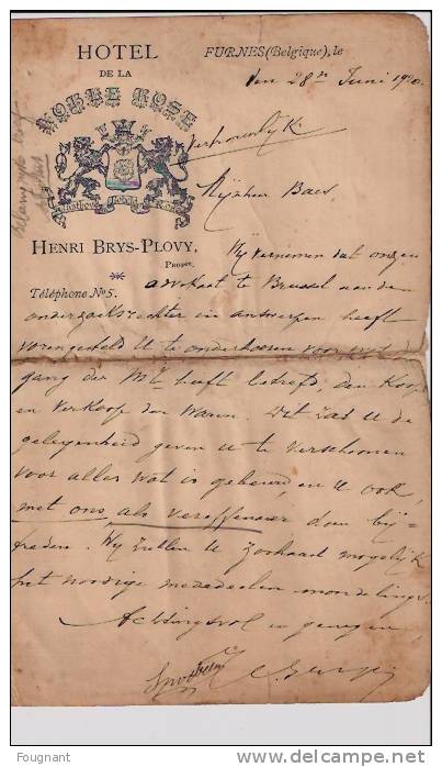 Belgique:FURNES (Fl.Occid.):1920:lettre Avec Entête De L'Hôtel De La Noble Rose.Henri Brys-Plovy.lettre Réparée,état Mo - Publicités