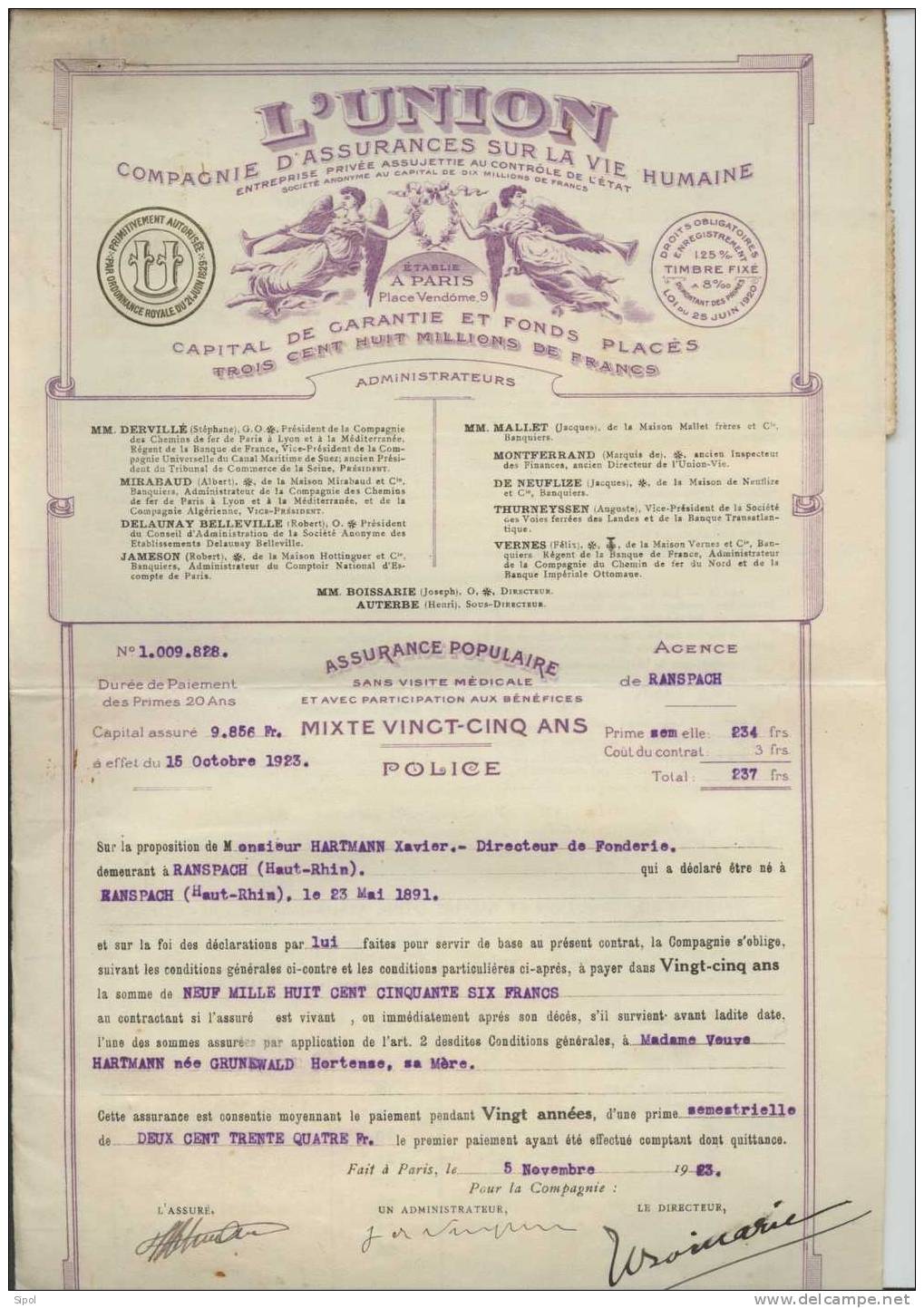 L´Union - Compagnie D´assurance Sur La Vie Humaine  Contrat De 1923 - Bank & Versicherung