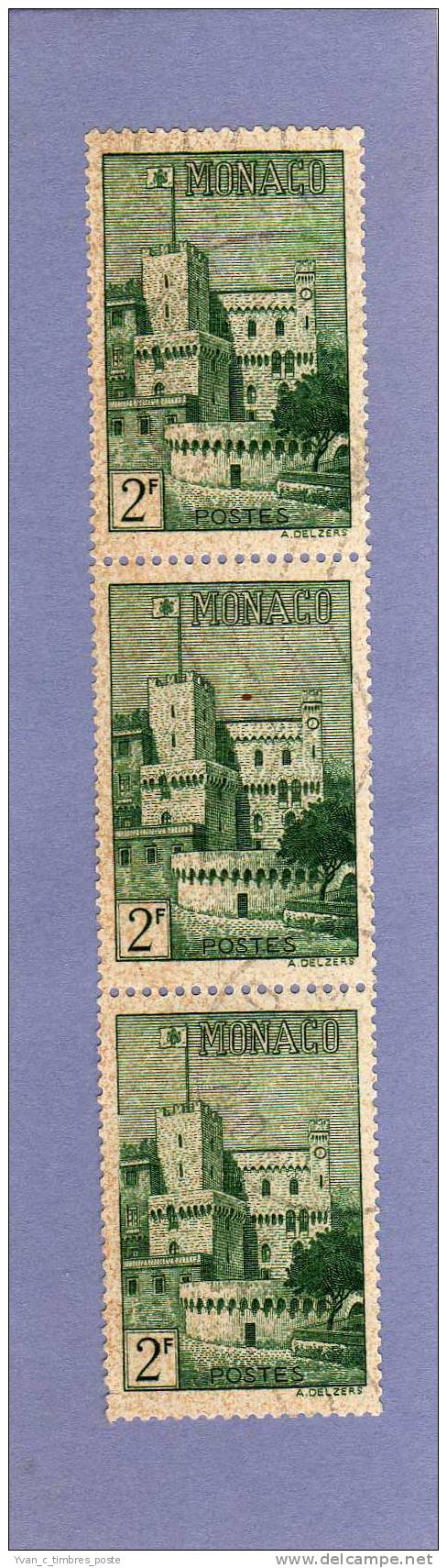 MONACO TIMBRE N° 277 OBLITERE VUE DU PALAIS 2F VERT BANDE DE 3 - Used Stamps