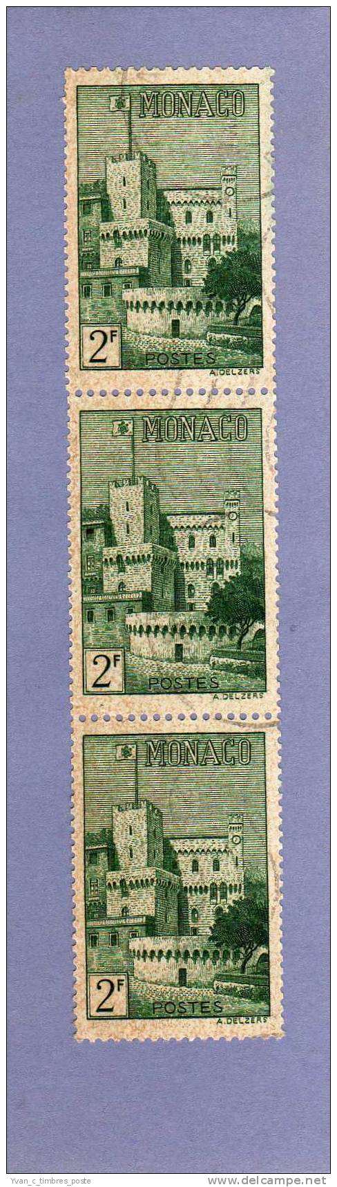 MONACO TIMBRE N° 277 OBLITERE VUE DU PALAIS 2F VERT BANDE DE 3 - Used Stamps