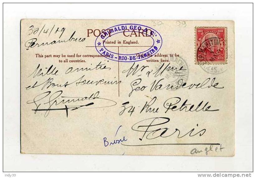- BRESIL . AFFRANCHISSEMENT SIMPLE POUR LA FRANCE  SUR CP DE 1909 - Lettres & Documents