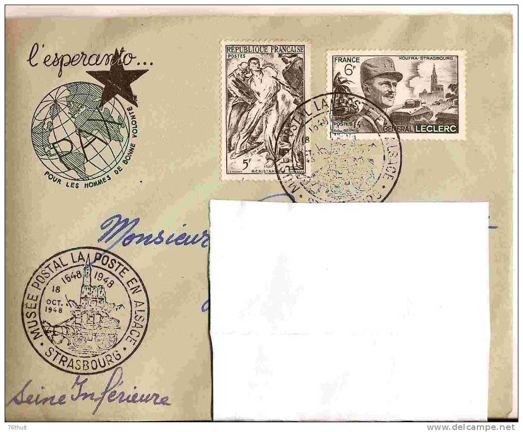1948-Enveloppe Lettre- STRASBOURG Musée Postal La Poste En Alsace + Timbre Leclerc N°815 + Resistance N° 790-Pour Elbeuf - Esperanto