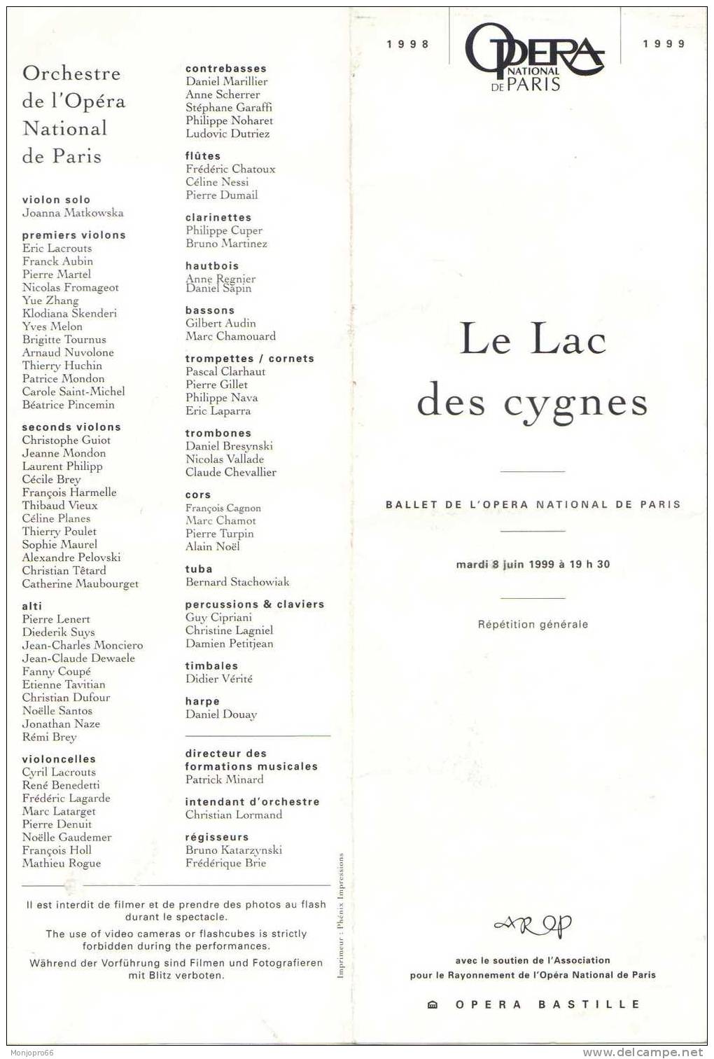 Programme De L’Opéra De Paris LE LAC DES CYGNES De 1998-1999 - Programmi