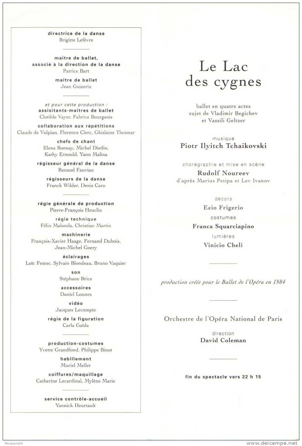 Programme De L’Opéra De Paris LE LAC DES CYGNES De 1998-1999 - Programmi