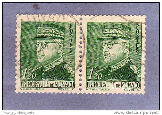 MONACO TIMBRE N° 228 OBLITERE PRINCE LOUIS II 1F20 VERT PAIRE HORIZONTALE - Oblitérés