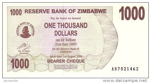 ZIMBABWE  1 000 Dollars  Emission Du 01-08-2006    Pick 44    ***** BILLET  NEUF ***** - Simbabwe