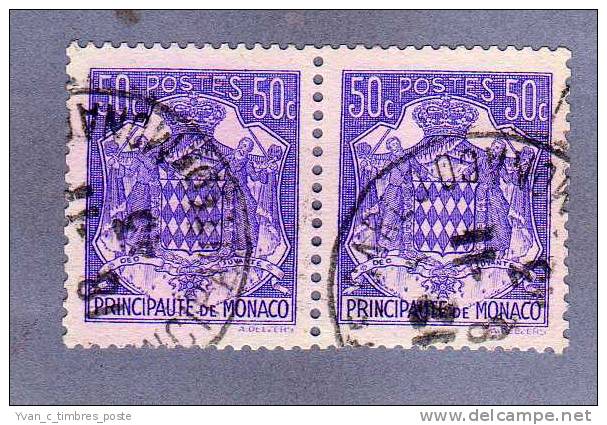 MONACO TIMBRE N° 252 OBLITERE ARMOIRIES ET BLASON 50C VIOLET PAIRE HORIZONTALE - Oblitérés