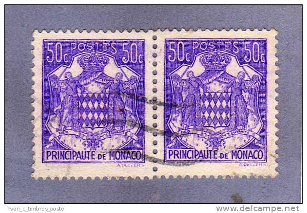 MONACO TIMBRE N° 252 OBLITERE ARMOIRIES ET BLASON 50C VIOLET PAIRE HORIZONTALE - Oblitérés