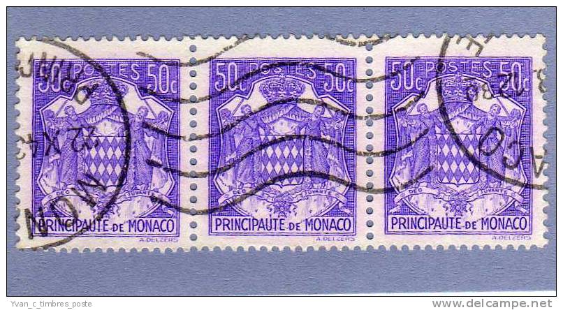 MONACO TIMBRE N° 252 OBLITERE ARMOIRIES ET BLASON 50C VIOLET BANDE DE 3 - Oblitérés