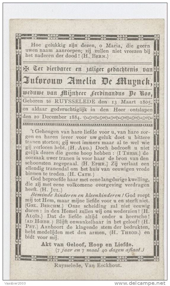 Ruiselede - Doodsprentje Van Amelia DE MUYNCK + 1884 - Religione & Esoterismo