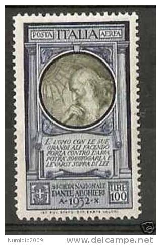 1932 REGNO DANTE POSTA AEREA 100 LIRE LUSSO MNH ** - Posta Aerea