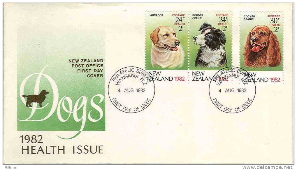 Nouvelle Zelande New Zealand Timbre Poste FDC Premier Jour Chien Dog Labrador Collie Cocker Health Issue 4/8/82 TBE - Otros & Sin Clasificación