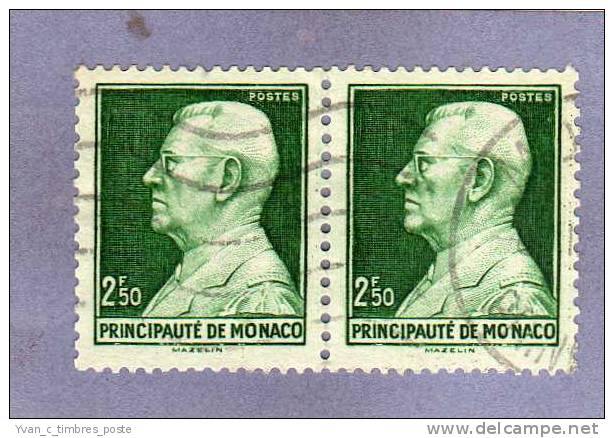 MONACO TIMBRE N° 281 OBLITERE PRINCE LOUIS II 2F50 VERT PAIRE HORIZONTALE - Oblitérés