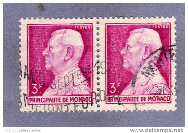 MONACO TIMBRE N° 282 OBLITERE PRINCE LOUIS II 3F LILAS ROSE PAIRE HORIZONTALE - Oblitérés