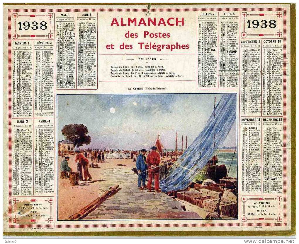 CALENDRIER - ALMANACH DES POSTES ET DES TELEGRAPHES 1938 - Port De Pêche Du CROISIC - Grand Format : 1921-40